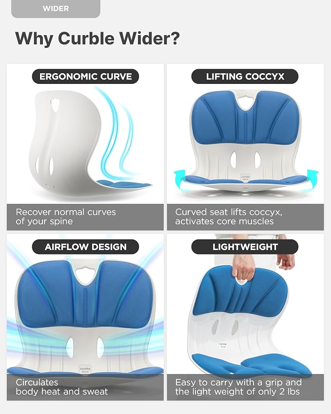 curble Wider – Ergonomic Desk Chair Seat Cushion, Everyday Passive Posture Trainer for Work from Home, Office & Car, Breathable Lumbar Support