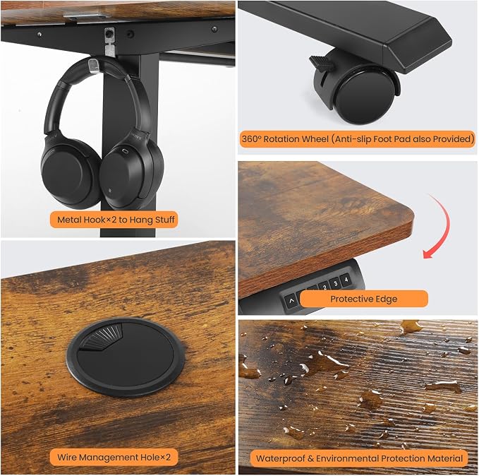 55 x 24 in Electric Standing Desk Adjustable Height, Sit Stand Home Office Rolling Computer Desk with 35 x16 in Mouse Pad, Wheels and Hooks，27''-46'' Lifting Range Stand up Desk(Brown)