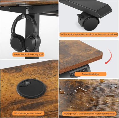 55 x 24 in Electric Standing Desk Adjustable Height, Sit Stand Home Office Rolling Computer Desk with 35 x16 in Mouse Pad, Wheels and Hooks，27''-46'' Lifting Range Stand up Desk(Brown)