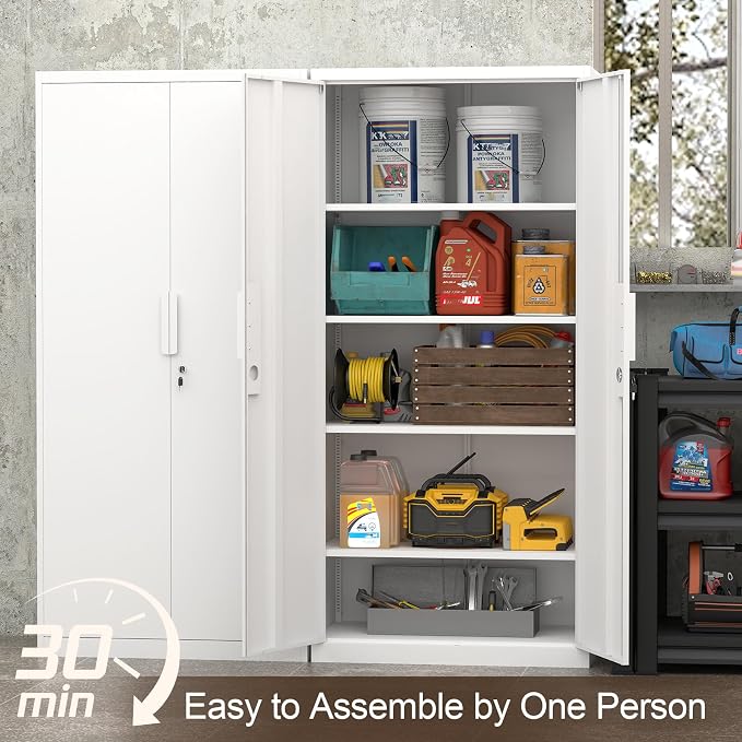 GREATMEET Metal Garage Storage Cabinets, 72" Tall Locking Cabinets with Doors and Shelves, Utility Cabinet with Lock for Garage, Home, White