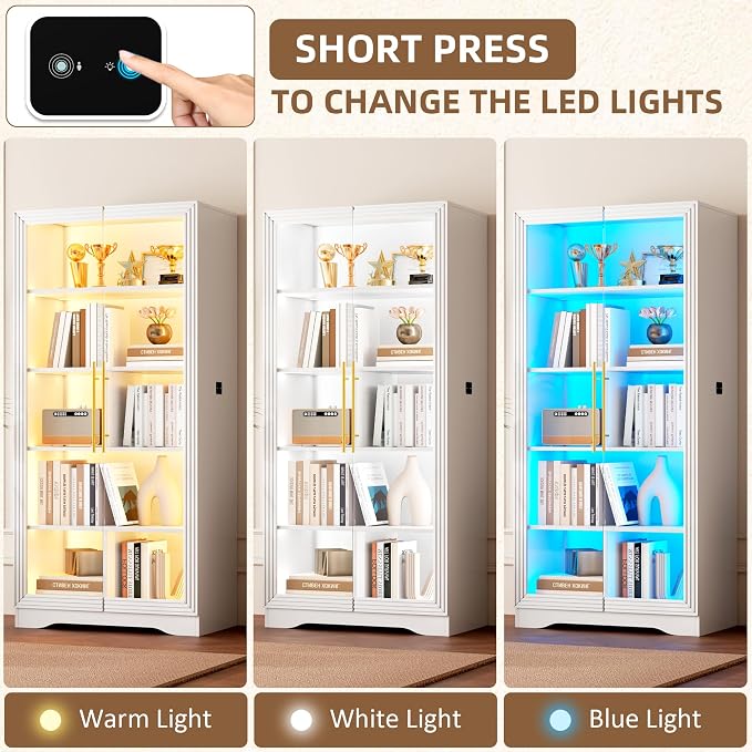 Vlsrka LED Display Cabinet with Glass Doors, Modern Storage Cabinet with 5 Tier Adjustable Shelves, Human Sensor, for Collectibles, 65" Tall Bookcase for Home Office Living Room, White