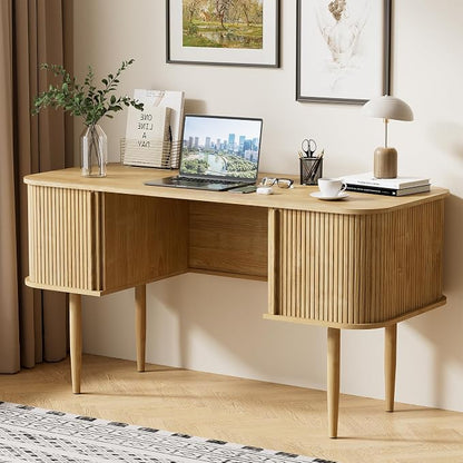Furniway 55" Modern Writing Desk with Sliding Doors, Wood Home Office Desk with Storage, Computer Desk for Study, Living Room, Dorm, Natural