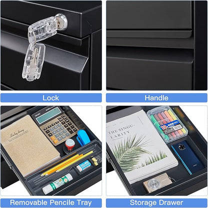 Yizosh 3 Drawer Mobile File Cabinet with Lock, Black Under Desk Rolling Filing Cabinet, Metal Locking File Cabinet on Wheels for Legal/Letter/A4 File (Full Assemble)