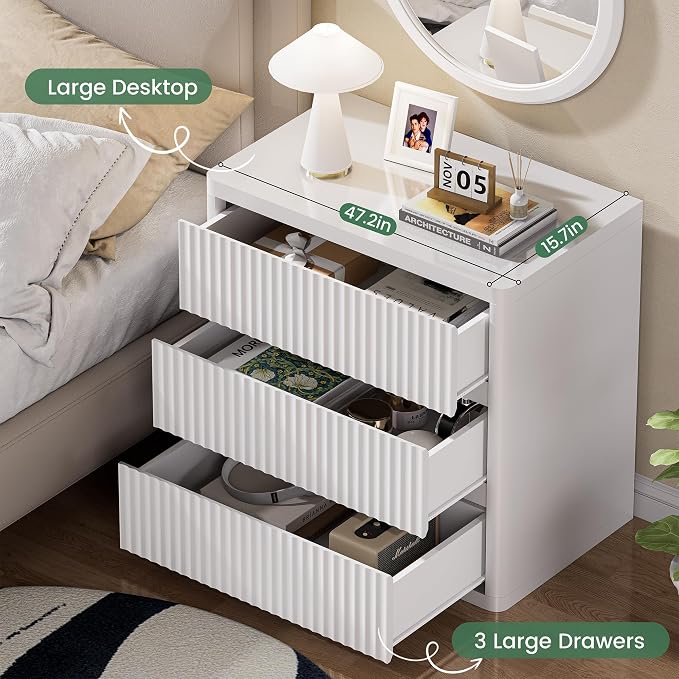 White Nightstand with 3 Drawers, Fluted Nightstand with Large Storage, Modern Handleless Design Bedside Table for Bedroom, End Table for Living Room, Unique Curved Profile Side Table