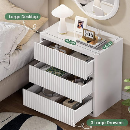 White Nightstand with 3 Drawers, Fluted Nightstand with Large Storage, Modern Handleless Design Bedside Table for Bedroom, End Table for Living Room, Unique Curved Profile Side Table