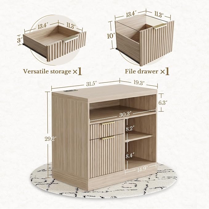 2 Drawer Fluted File Cabinet, 32'' Lateral File Cabinet with Lock and AC/USB for Letter/A4 Size, Wood Filing Cabinet with Storage Shelves for Home Office, Natural Walnut