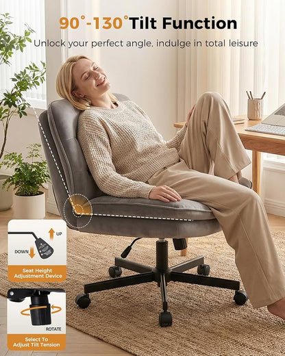 COMHOMA Criss Cross Office Chair with Wheels Armless Desk Chair Comfy, Modern Vanity Chair for Home Bedroom, Comfortable Wide Seat for Lower Back Pain Relief, Soft Velvet, Gray