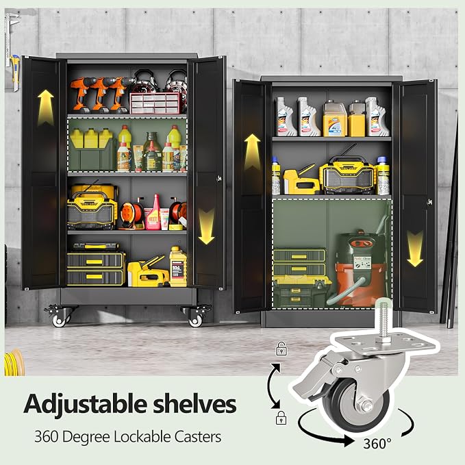 Metal Garage Storage Cabinets and storage system, 46”Tall Rolling utility cabinet with Wheels, Lock, 3 Adjustable Shelves, Heavy Duty Steel Tool Locker for Home Office, Utility Room, Gym,Black