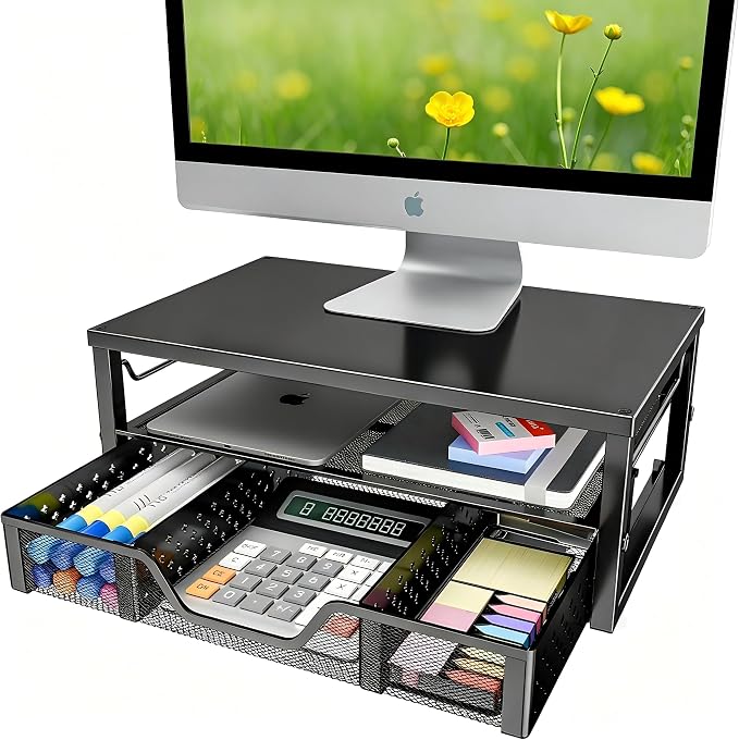 Simple Trending Monitor Stand Riser with Drawer, Black for Home Office | Metal 2-Tier Monitor Stand with Hidden Drawer | Ergonomic Neck Support | Desk Organizer | Space Saving | Fast Setup