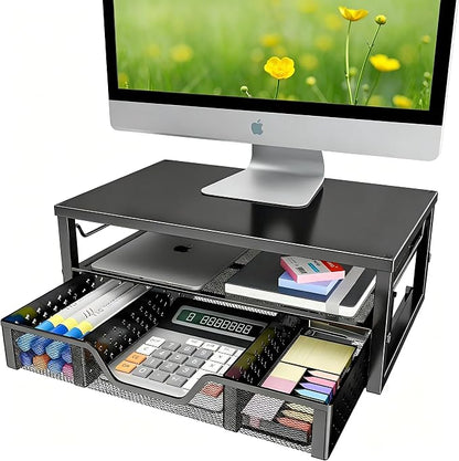 Simple Trending Monitor Stand Riser with Drawer, Black for Home Office | Metal 2-Tier Monitor Stand with Hidden Drawer | Ergonomic Neck Support | Desk Organizer | Space Saving | Fast Setup