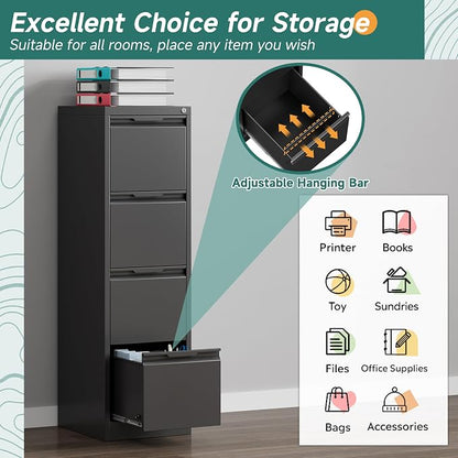 4 Drawer File Cabinet, Vertical Filing Cabinets for Home Office, 17.8" d Metal File Cabinets with Lock, Black Deep File Cabinets for Legal/Letter Size File, Easy Assembly