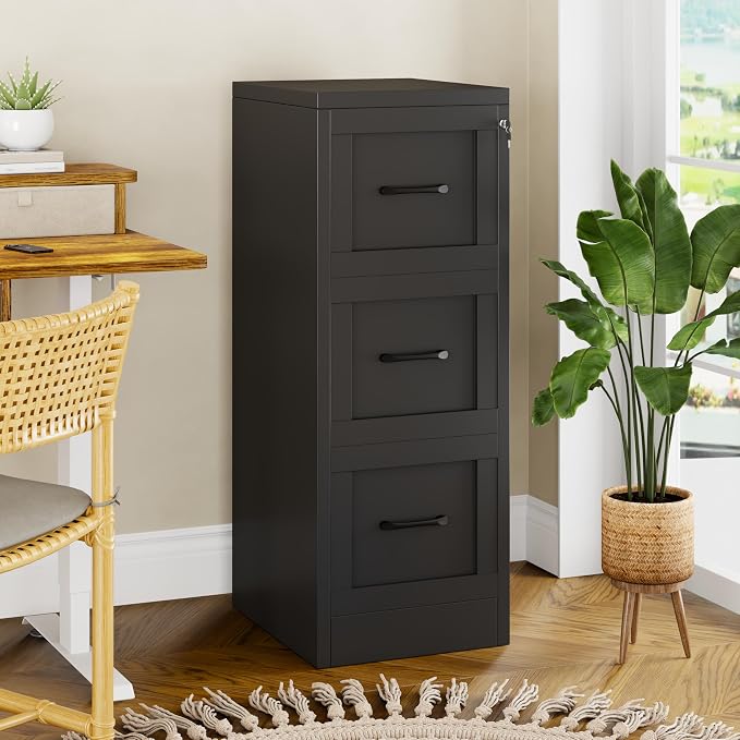 GAIOUS Metal Vertical File Cabinet with Lock, Home Office 3 Drawer Cabinet | 3 Drawer Filing Cabinet, Beside Desk File Cabinet, Black Lockable Storage Cabinet, Fits Letter/Legal/A4 Size