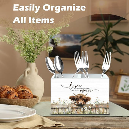 DILSJ Inspirational Highland Cow 2 Compartment Pen Pencil Holder Organizer for Desk, Highland Cow Gifts for Women, Live Like Someone Left The Gate Open Wooden Box Signs for Home Office Desk Decoration