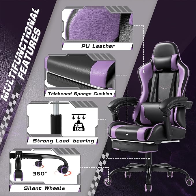 Shahoo Gaming Chair with Footrest and Massage Lumbar Support, Computer Chairs, Video Racing Seat Height Adjustable with 360°Swivel and Headrest for Office or Bedroom, Purple