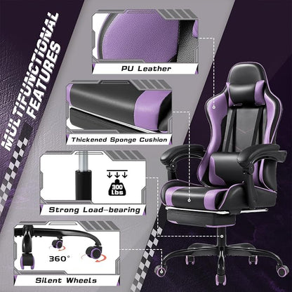 Shahoo Gaming Chair with Footrest and Massage Lumbar Support, Computer Chairs, Video Racing Seat Height Adjustable with 360°Swivel and Headrest for Office or Bedroom, Purple