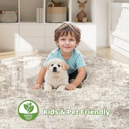 7ft Round Rug Living Room Rugs: 7x7 Washable Circle Large Abstract Modern Soft Stain Resistant Non-Slip Indoor Floor Carpet for Bedroom Nursery Office Dining Room Playroom Home House- Beige Brown