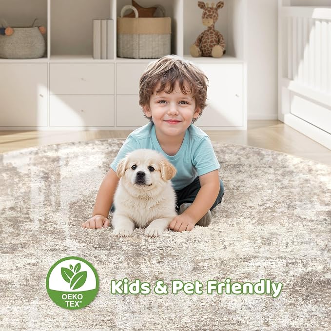 8ft Round Rug Living Room Rugs: 8x8 Washable Circle Large Abstract Modern Soft Stain Resistant Non-Slip Indoor Floor Carpet for Bedroom Nursery Office Dining Room Playroom Home House- Beige Brown