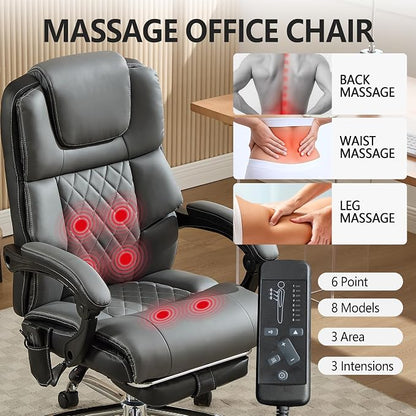 Massage Office Chair with Heat & Footrest,Heated Comfy Reclining Desk Chair with Vibration,Executive Big and Tall Chairs for Heavy People,Adjustable Height Black Grey