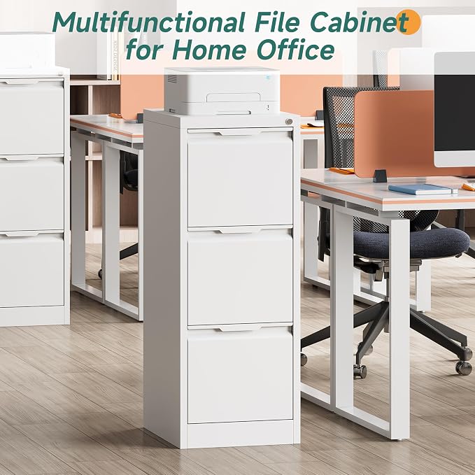 3 Drawer File Cabinet with Lock, Small Filing Cabinets for Home Office,17.8" D Metal File Cabinet for Under Desk, Vertical White File Cabinets for Legal/Letter Size File, Easy Assembly