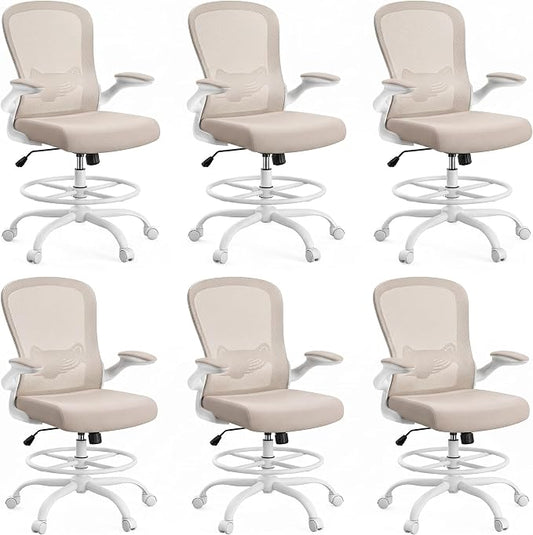 ErGear Drafting Chair,Tall Office Chair with Flip-Up Armrests, High Desk Chair Adjustable Height and Adjustable Footrest Ring, Ergonomic Standing Desk Chair with Lumbar Support, Khaki,6 Pack