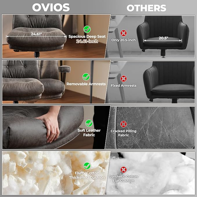 ovios Ergonomic Office Chair, High Back Faux Leather Executive Chairs with Thick Cushion, Comfy Mid-Century Modern Swivel Rolling Computer Armchair (Dark Grey, Suede Leather)