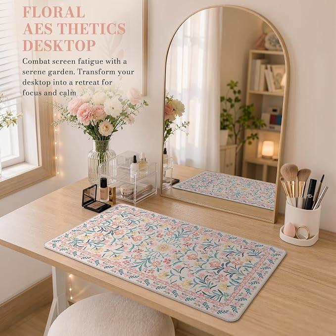 iCasso Pink Aesthetic Flower Mouse pad for Laptop, Desk Matt for Desktop 13.7"x23.6", Anti-Slip Mousepad with Stitched Edges for Laptop Computer Keyboard(Pink Floral)