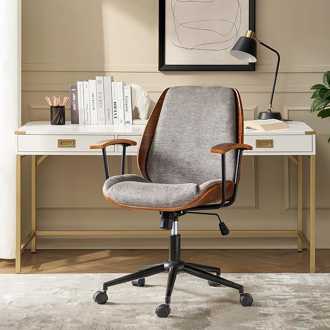 Modern Ergonomic Office Chair with Wood Frame & Metal Base, Swivel Home Office Desk Chairs with Adjustable Height, Comfy Upholstered Computer Chair, Tan