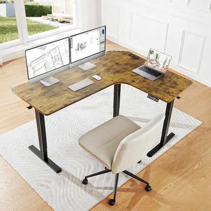 HUANUO 63″ L-Shaped Standing Desk, Built-in Power Outlets, Vintage Brown | Smooth Electric Height Adjustment, 3 Memory Presets, Sturdy Steel Frame, 220 lbs Capacity, Large Power Strip Holder