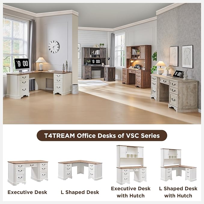 T4TREAM 59" Executive L Shaped Desk with Drawers,Farmhouse Wood Computer Corner Desk, Featuring Charging Station,File Drawer, Storage Cabinet,for Home Office Work and Study (Antique White)
