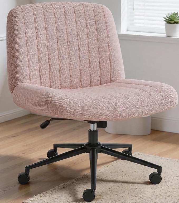 Shintenchi Criss Cross Chair,Cross Legged Office Seat with Wheels Armless Swivel Vanity Chair,Height Adjustable Wide Computer Task Seating for Home Office,Pink ﻿