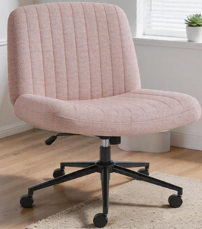 Shintenchi Criss Cross Chair,Cross Legged Office Seat with Wheels Armless Swivel Vanity Chair,Height Adjustable Wide Computer Task Seating for Home Office,Pink ﻿