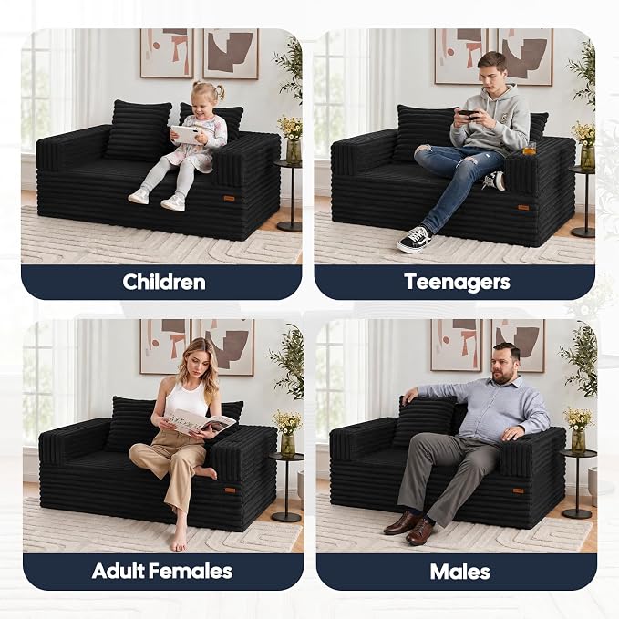 COMAX Futon Sofa Bed, 4‑in‑1 Convertible Sofa Bed, Folding Boneless Couches | Boneless Couch for living room, Fold Out Small Foldable Loveseat Floor Sleeper Mattress Lounge Space‑Saving, Jet Black