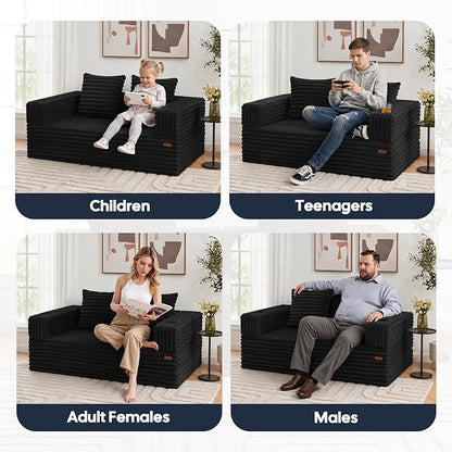 COMAX Futon Sofa Bed, 4‑in‑1 Convertible Sofa Bed, Folding Boneless Couches | Boneless Couch for living room, Fold Out Small Foldable Loveseat Floor Sleeper Mattress Lounge Space‑Saving, Jet Black
