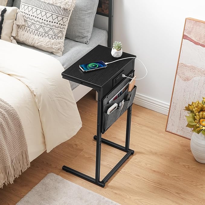 HOOBRO C Shaped End Table with Charging Station, 28" H Couch Side Table Slide Under, Sofa Arm Tray Table with Storage Bag for Living Room, Recliner, Black BB70USF01