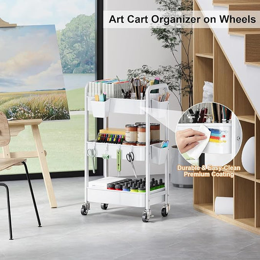 3 Tier Rolling Cart with Wheels, Metal Utility Storage Cart on Wheels, Craft Carts Organizer with Hanging Cups, Hooks, Three Tiered Rolling Carts for Bathroom, Laundry Room, Nursery, Office, White