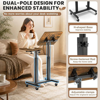 Elowen Double-Pole Portable Rolling Laptop Standing Desk with Wheels, Large-Size Tilting Overbed Bedside Table, Mobile Adjustable Height Computer Workstation for Office Home Use