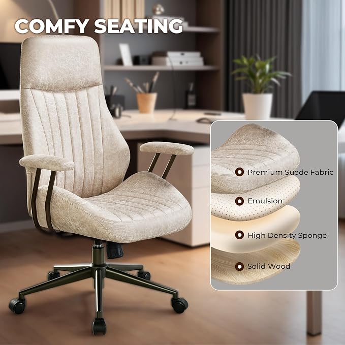 Home Office Chair,Ergonomic Computer Chair with Lumbar Support Adjustable Height,Mid-Century Modern Office Chair with Rolling Swivel Chair for Home Office Game Study(PU Leather High Back Chair,Beige)