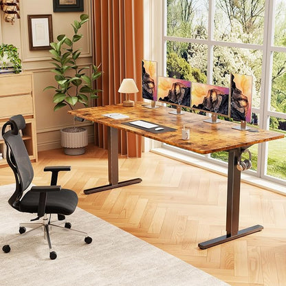 Sweetcrispy 63 Inch Electric Standing Desk, Height Adjustable Sit Stand Up Desk, Computer Workstation Home Office Gaming Rising Table with Memory Preset Splice Board, Rustic Brown