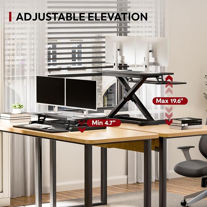 SANODESK 32" Height Adjustable Standing Desk Converter, Desk Riser Sit Stand Workstation for Home Office Laptop & Dual Monitor Setup, Ergonomic Lift Platform, Black