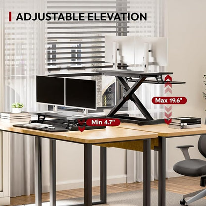 SANODESK 32" Height Adjustable Standing Desk Converter, Desk Riser Sit Stand Workstation for Home Office Laptop & Dual Monitor Setup, Ergonomic Lift Platform, Black