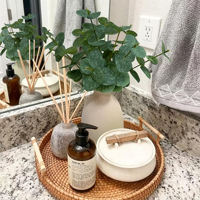 15" Artificial Eucalyptus Stems Potted Plant,Realistic Indoor Greenery Fake Silk Eucalyptus Stem with Vase,Small Minimalist Faux Bathroom Desk Plants in Vase for Home Office Shelf Decor