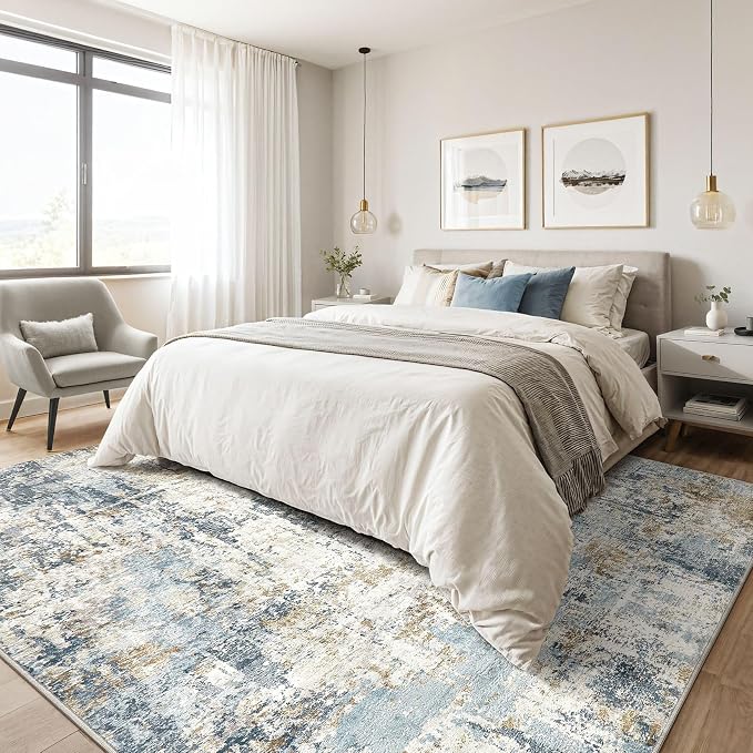 6x8 Area Rug Living Room: Washable Large Abstract Modern Soft Rugs Stain Resistant Indoor Floor Non Slip Accent Carpet for Bedroom Nursery Playroom Office Dining Room Dorm Home House- Light Blue