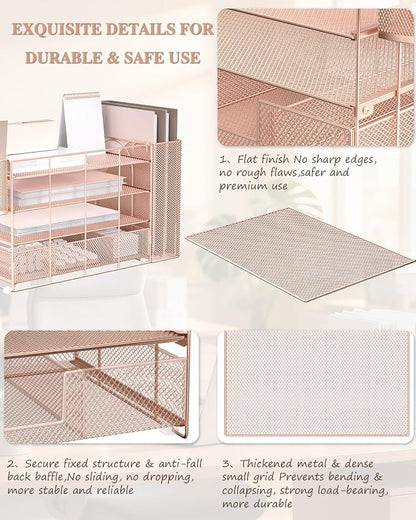 WALI Desk File Organizer, 4 Tier Desktop Paper Letter Tray Organizer with Drawer and 2 Pen Holders, Office Desk Accessories & Workspace Organizers for Office, Home, School Supplies, 1 Pack, Rose Gold