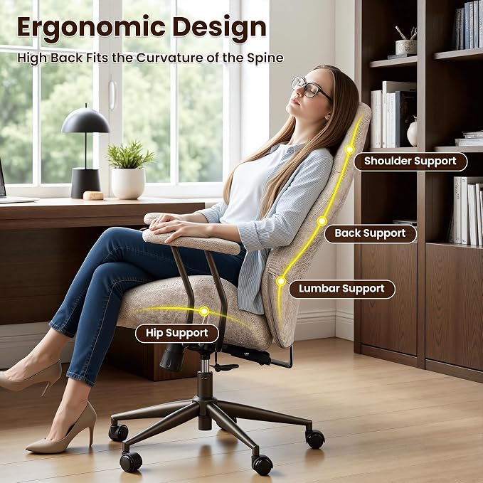ovios Home Office Chair, Mid-Century Modern Faux Suede Leather Ergonomic Chairs, High Back Comfy Computer Swivel Rolling Task Executive Armchair, Beige