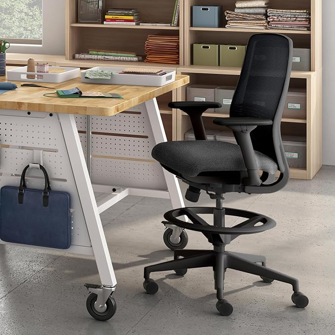 HON Nucleus Task Stool, Ergonomic Office Chair, Home Office Desk Chairs, Synchro-Tilt with Seat Slider, Adjustable Footring, Height-Width Adjustable Arms, Black Mesh, Darkness Fabric, Black Frame