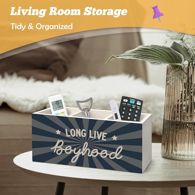 Boys Room Decor Pen Holder Organizer for Desk Accessories, Kids Room Decor, Long Live Boyhood Boy Nursery Wooden Box Sign Desk Decorations for Kids Boys Bedroom Playroom