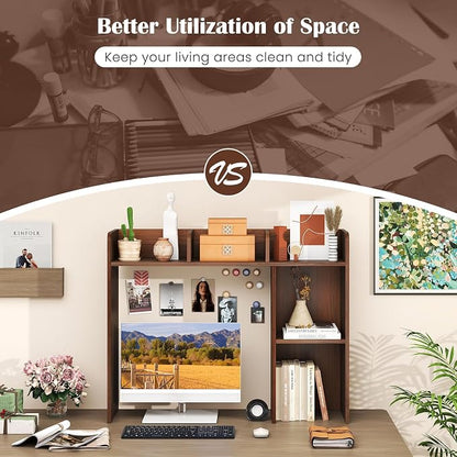 LDAILY Desktop Shelf, Multipurpose Wood Desk Hutch for Max 27" Computer Monitor, Countertop Storage Hutch with 5 Shelves, 3 Tier Desktop Display Rack for Dorm Office Home(Walnut)