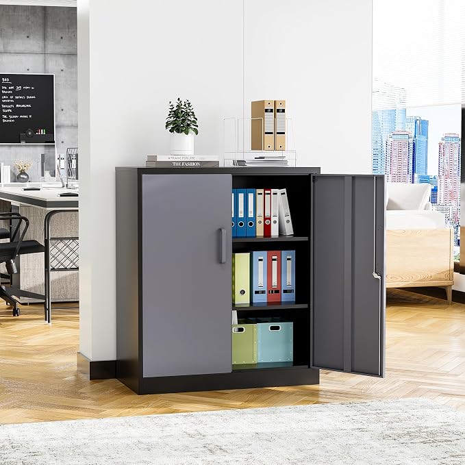 STANI Metal Storage Cabinet with 2 Adjustable Shelves Steel Counter Cabinet with Lockable Doors for Home Office