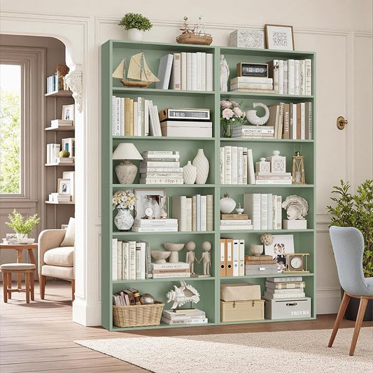 FOTOSOK 6-Tier Open Bookcase and Bookshelf, Freestanding Display Storage Shelves Tall Bookcase for Bedroom, Living Room and Office,Green Set of 2