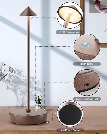 Cordless Table Lamps Rechargeable, 6000mAh Battery Operated LED Desk Lamp Outdoor Waterproof Portable Touch Dimmable Table Night Light for Patio Restaurant Dining Home Rust
